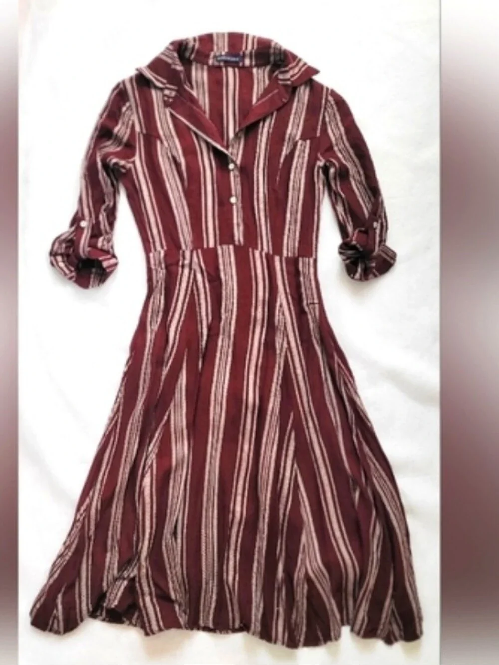 NWOT! Fall Burgundy Striped Preppy Long Sleeve Cozy Women's Shirt Midi Dress XS